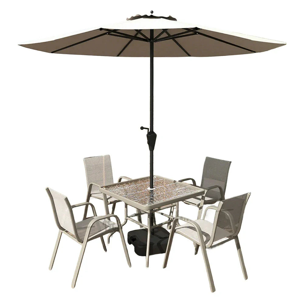 SOLARA Outdoor Table Square Chairs, Frame Set Umbrella Chair Breathable Sturdy Glass - Table, Steel - with Tempered Teslin Khaki