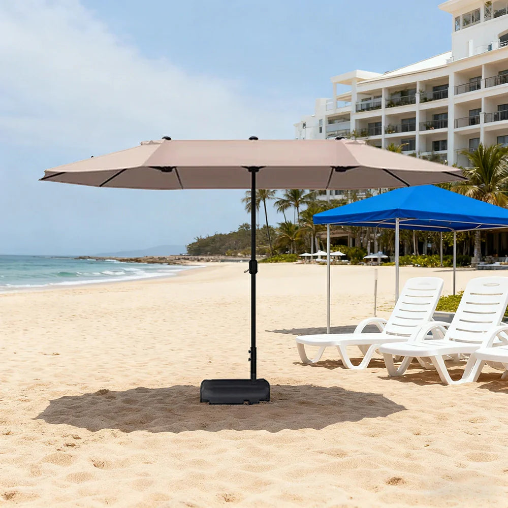 SOLARA Outdoor Patio Umbrella - 380/455cm Rectangular Canopy, Sun & Rain Cover, Heavy-Duty Frame, 60kg Water-Filled Base - Khaki