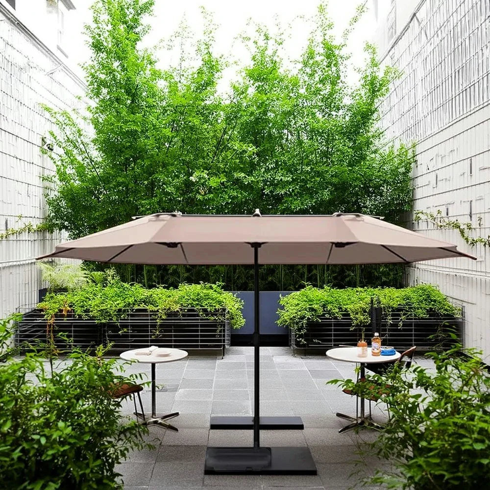 SOLARA Outdoor Patio Umbrella - 380/455cm Rectangular Canopy, Sun & Rain Cover, Heavy-Duty Frame, 60kg Water-Filled Base - Khaki