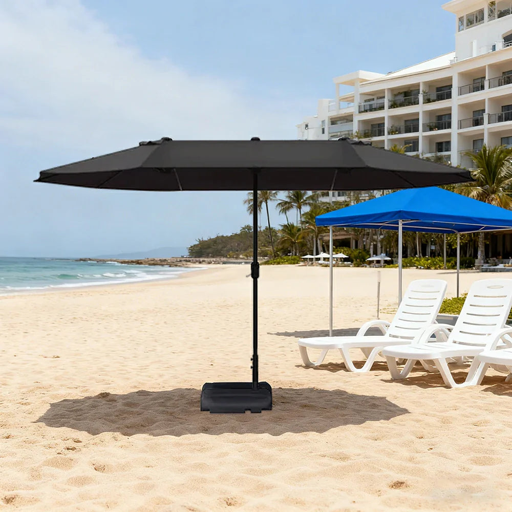 SOLARA Outdoor Patio Umbrella - 380/455cm Rectangular Canopy, Sun & Rain Cover, Heavy-Duty Frame, 60kg Water-Filled Base - Black