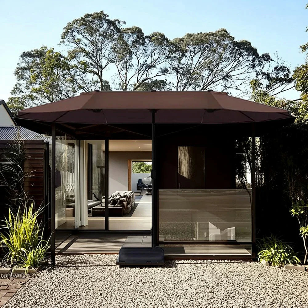 SOLARA Outdoor Patio Umbrella - 380/455cm Rectangular Canopy, Sun & Rain Cover, Heavy-Duty Frame, 60kg Water-Filled Base - Coffee