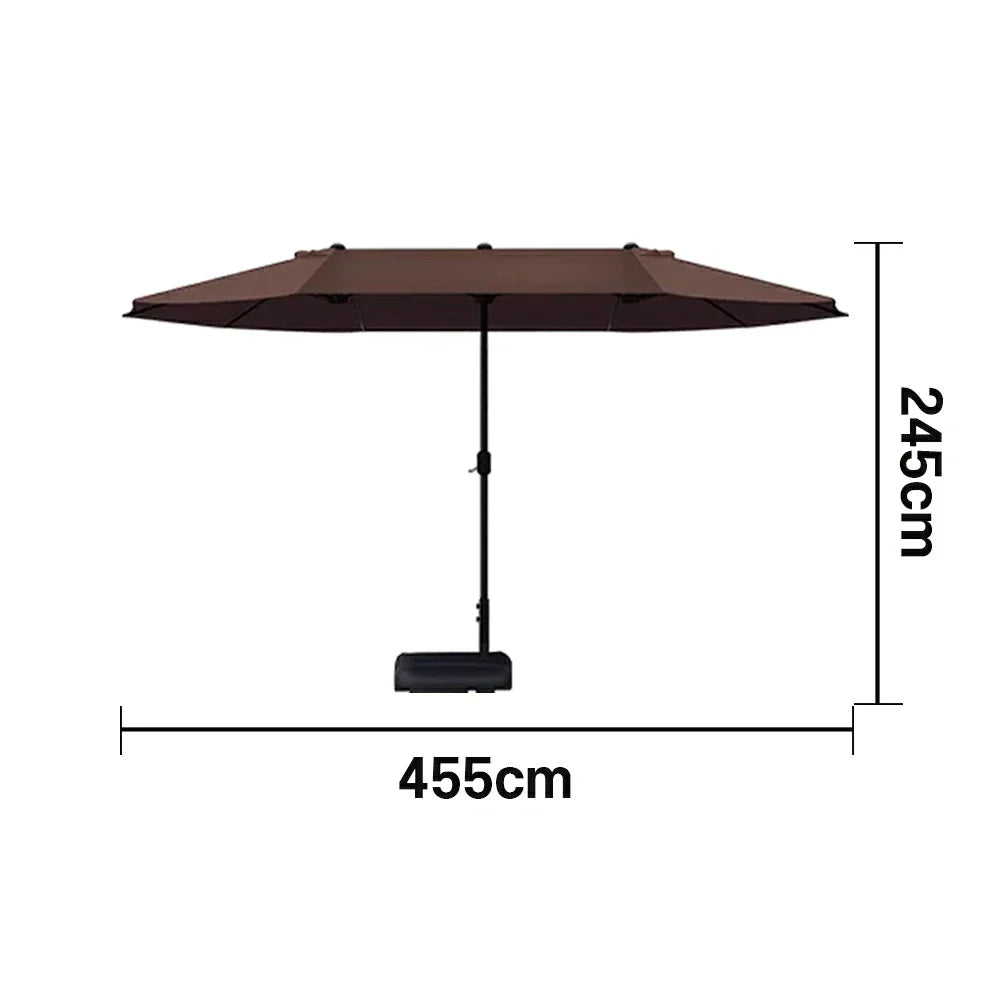 SOLARA Outdoor Patio Umbrella - 380/455cm Rectangular Canopy, Sun & Rain Cover, Heavy-Duty Frame, 60kg Water-Filled Base - Coffee