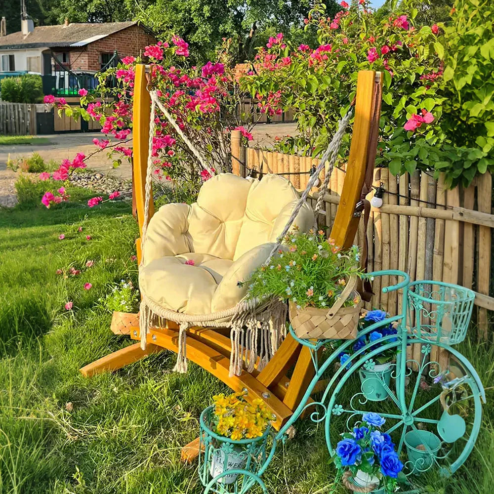 SOLARA Outdoor Seat, Solid 137cm Cushion Adjustable Relaxation Rope Durable with Height Patio Wooden Set Swing - Frame, Chair Wood Garden - Premium Yellow