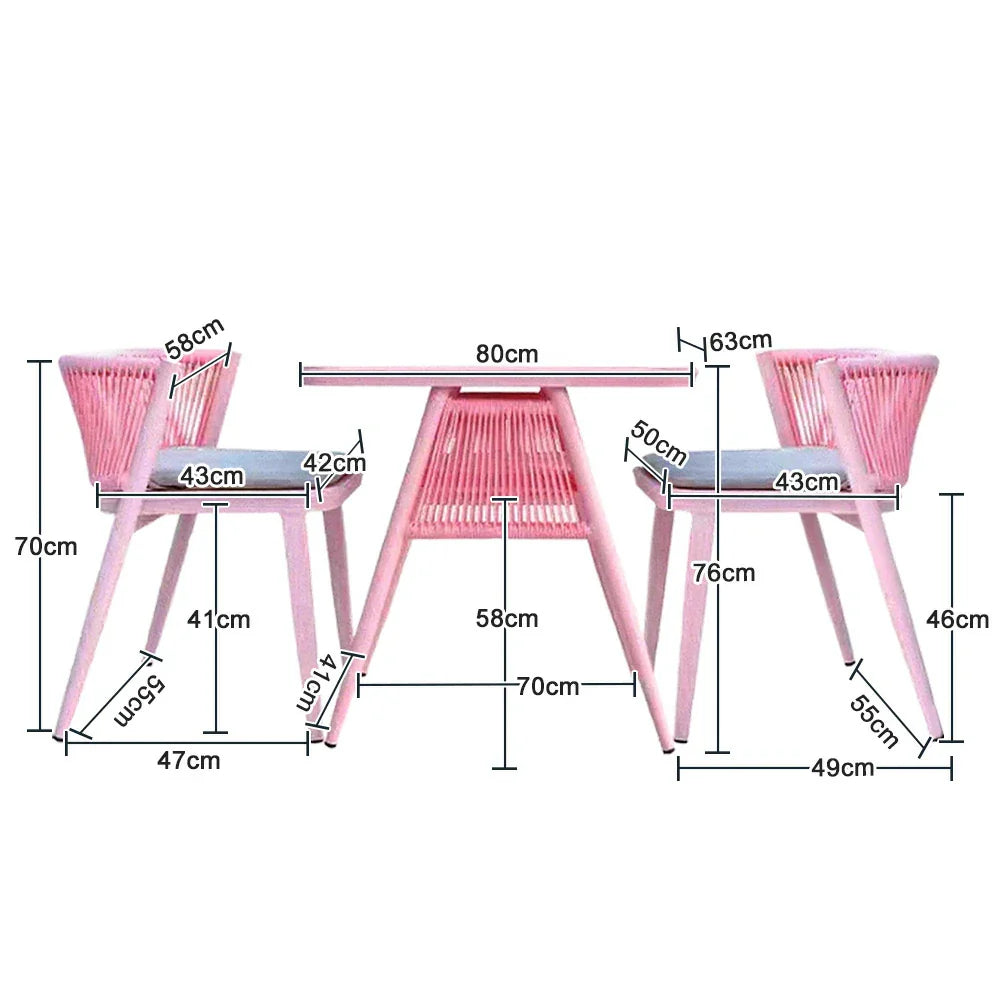 SOLARA 80cm Frame, 2 Table Rectangular Outdoor Durable x - Solid Dining Chairs, 1 Wood 80cm Set - Furniture Pink