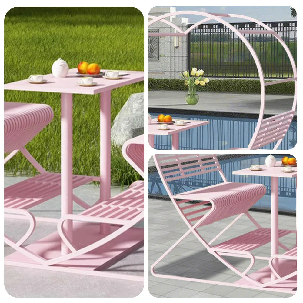 SOLARA Outdoor Frame Steel Thickened Galvanized Chair, Heart-Shaped Double - Pink
