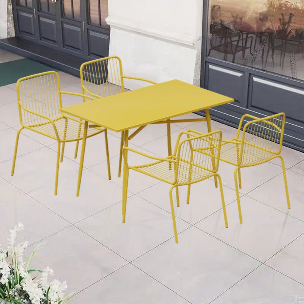 SOLARA 5-Piece Weather-Resistant Chairs, 1 - 4 Table (120/140cm) for Wrought Set Outdoor Iron, Rectangular Yellow Dining Patio