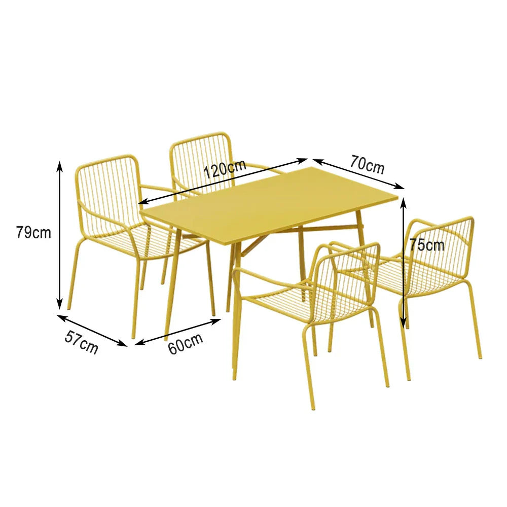 SOLARA 5-Piece Weather-Resistant Chairs, 1 - 4 Table (120/140cm) for Wrought Set Outdoor Iron, Rectangular Yellow Dining Patio