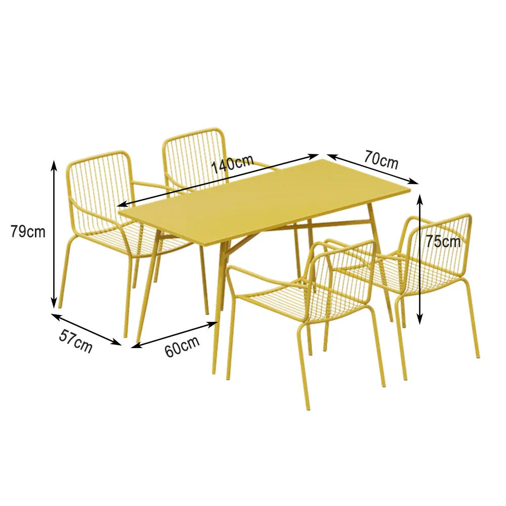 SOLARA 5-Piece Weather-Resistant Chairs, 1 - 4 Table (120/140cm) for Wrought Set Outdoor Iron, Rectangular Yellow Dining Patio