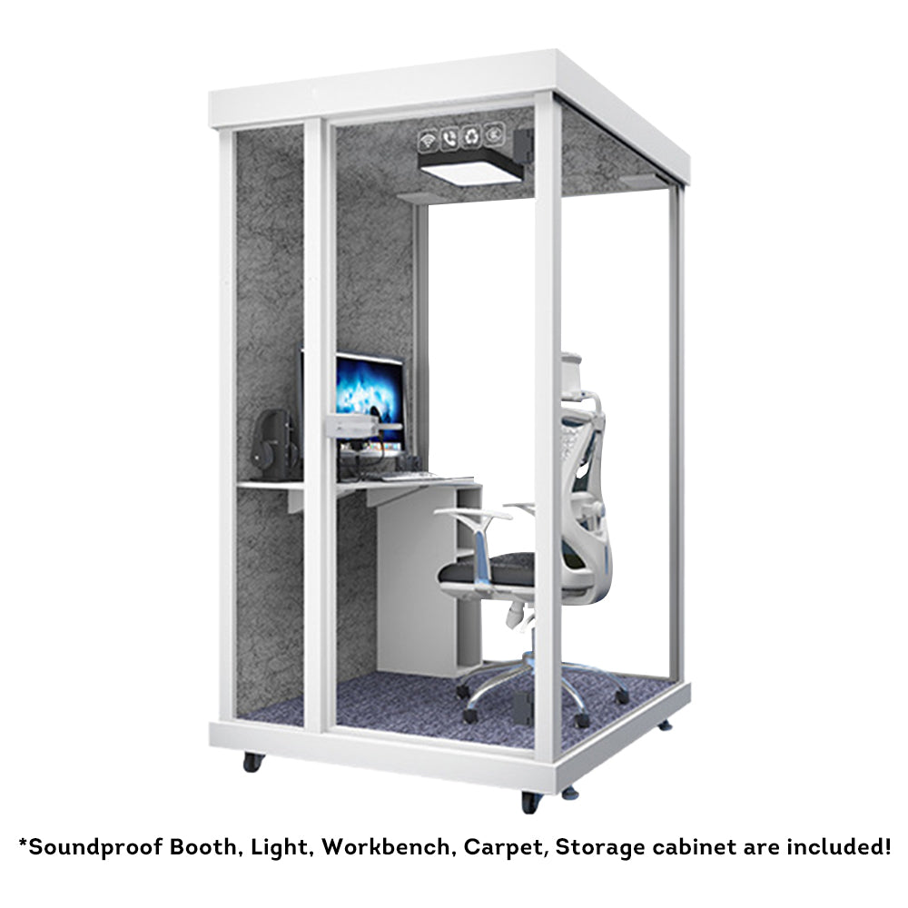 MODERA 1.3x1.2m Cabinet, Soundproof Storage Small OfficeMovable W/ Indoor Soundproof Workbench, Booth - Carpet Light, White