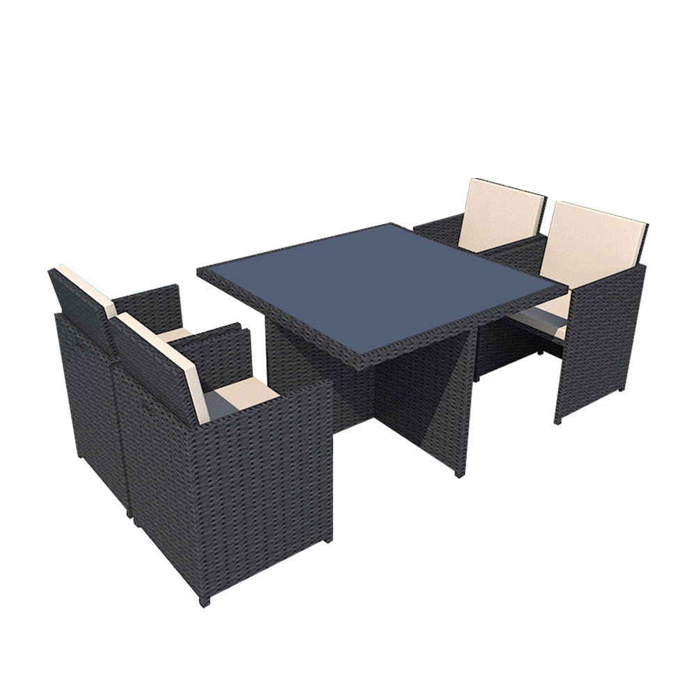 SOLARA 5-Piece Chairs - Desktop 1 Glass Outdoor PE 4 Set Dining Tempered Table Rattan Black