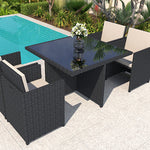 SOLARA 5-Piece Chairs - Desktop 1 Glass Outdoor PE 4 Set Dining Tempered Table Rattan Black
