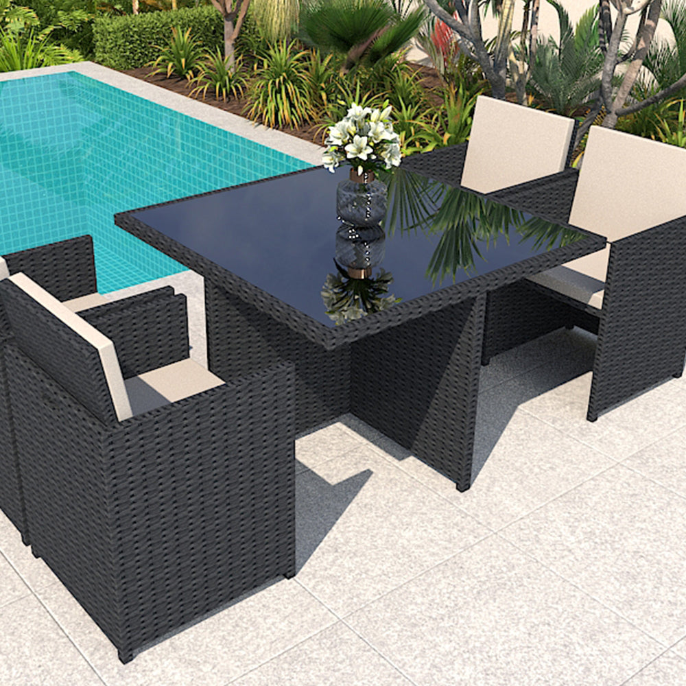 SOLARA 5-Piece Chairs - Desktop 1 Glass Outdoor PE 4 Set Dining Tempered Table Rattan Black
