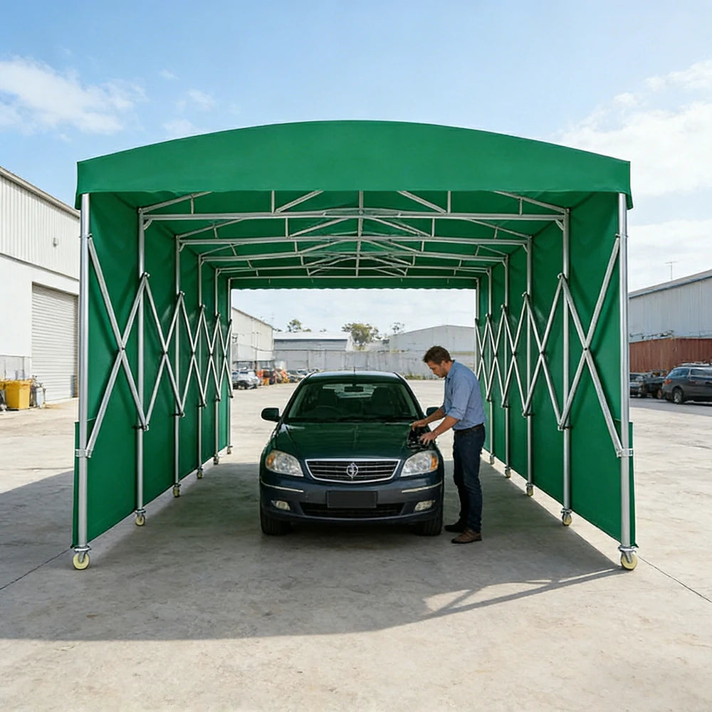 TREKKA Retractable Outdoor Canopy Rain and Sun Shelter Galvanised Steel Frame PVC Fabric Side Panels - Green