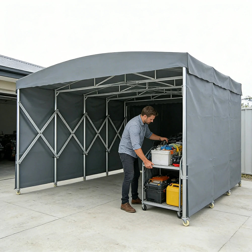 TREKKA Retractable Outdoor Canopy Rain and Sun Shelter Galvanised Steel Frame PVC Fabric Side Panels - Grey
