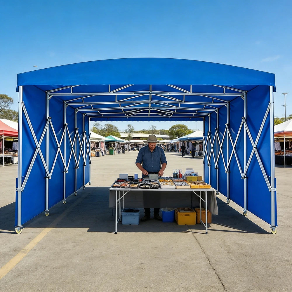TREKKA Retractable Outdoor Canopy Rain and Sun Shelter Galvanised Steel Frame PVC Fabric Side Panels - Blue