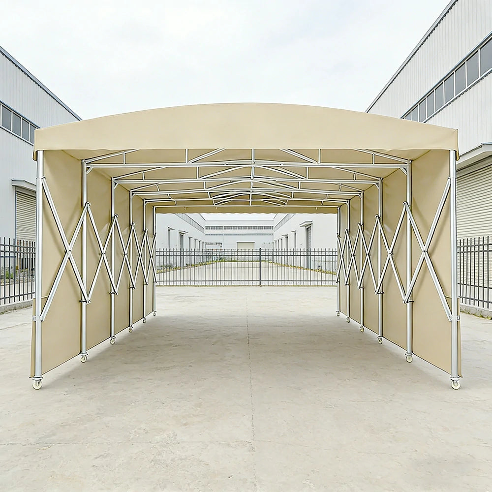 TREKKA Retractable Outdoor Canopy Rain and Sun Shelter Galvanised Steel Frame PVC Fabric Side Panels - Khaki