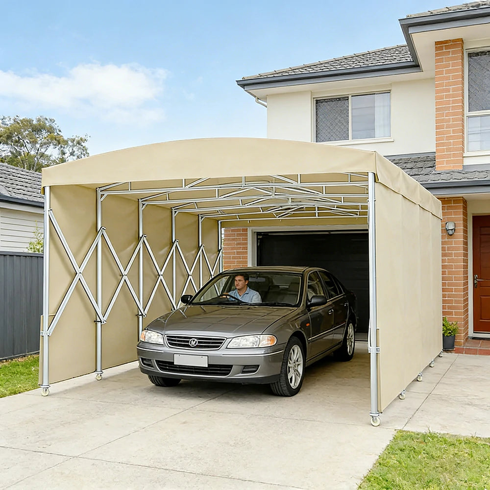 TREKKA Retractable Outdoor Canopy Rain and Sun Shelter Galvanised Steel Frame PVC Fabric Side Panels - Khaki