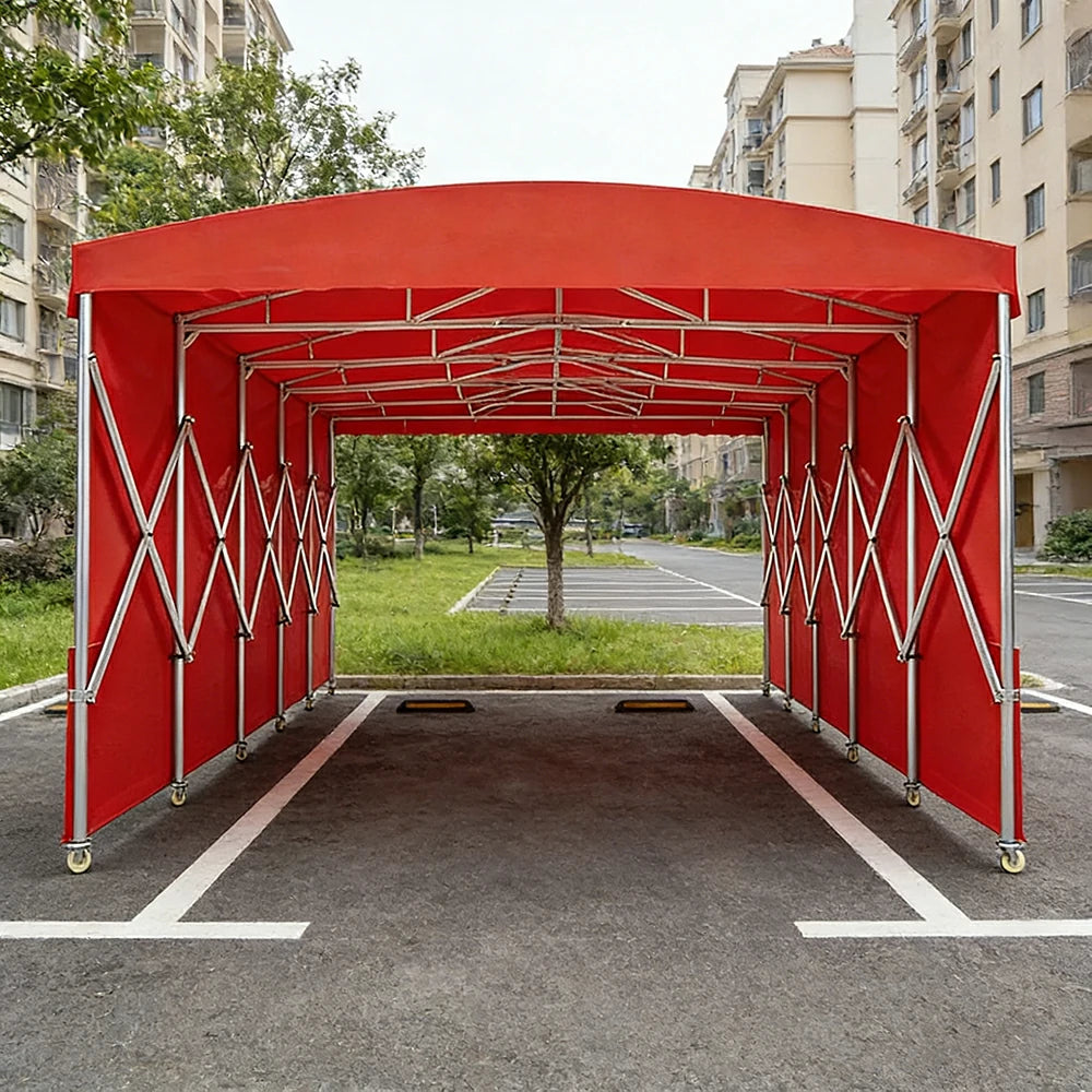 TREKKA Retractable Outdoor Canopy Rain and Sun Shelter Galvanised Steel Frame PVC Fabric Side Panels - Red