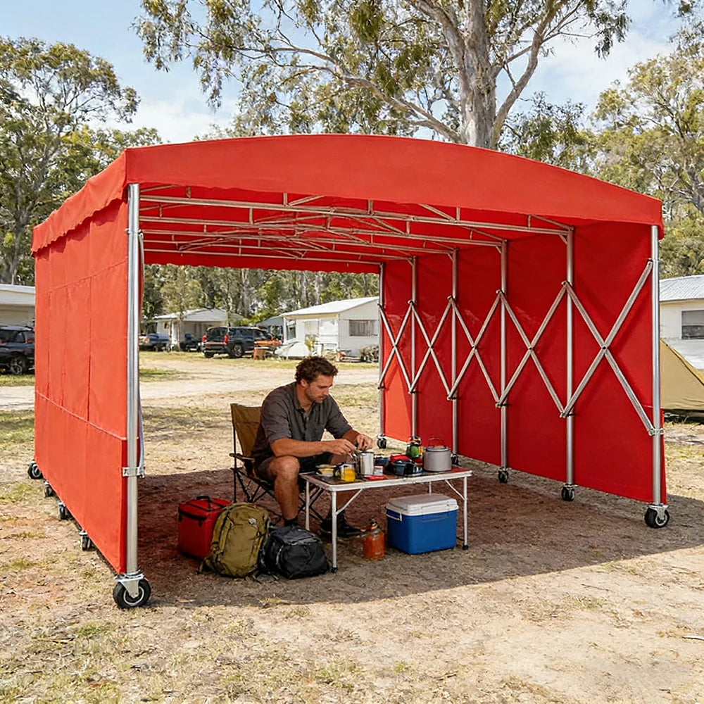 TREKKA Retractable Outdoor Canopy Rain and Sun Shelter Galvanised Steel Frame PVC Fabric Side Panels - Red