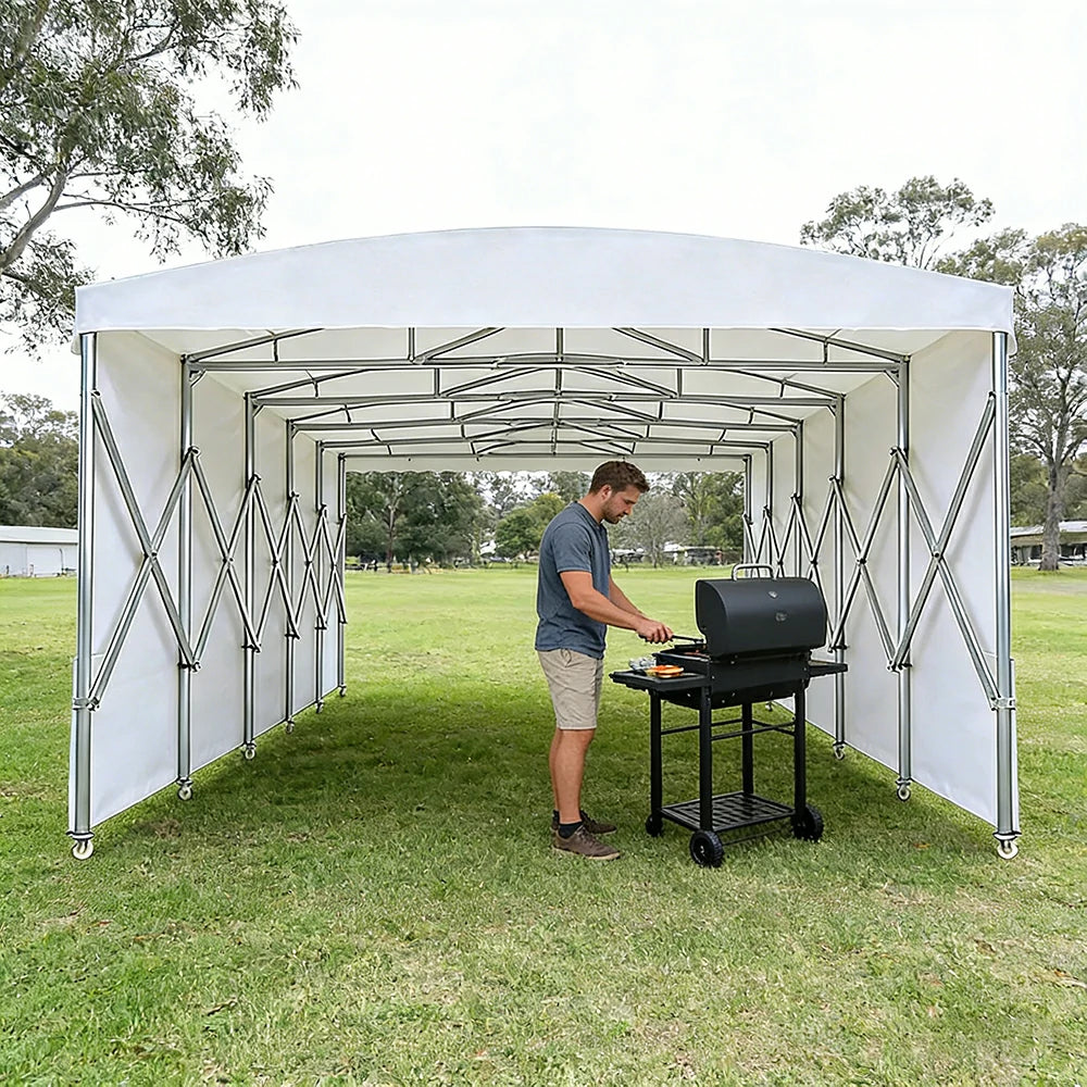 TREKKA Retractable Outdoor Canopy Rain and Sun Shelter Galvanised Steel Frame PVC Fabric Side Panels - White