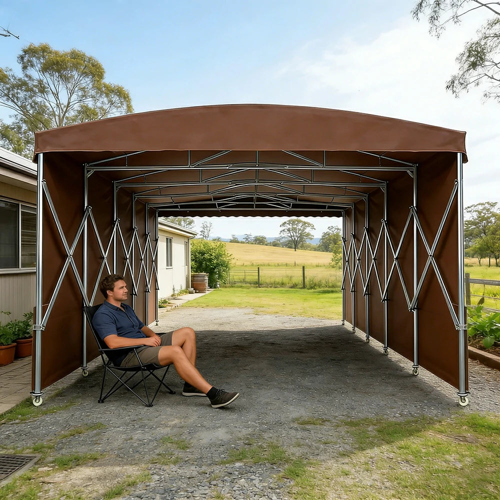 TREKKA Retractable Outdoor Canopy Rain and Sun Shelter Galvanised Steel Frame PVC Fabric Side Panels - Coffee