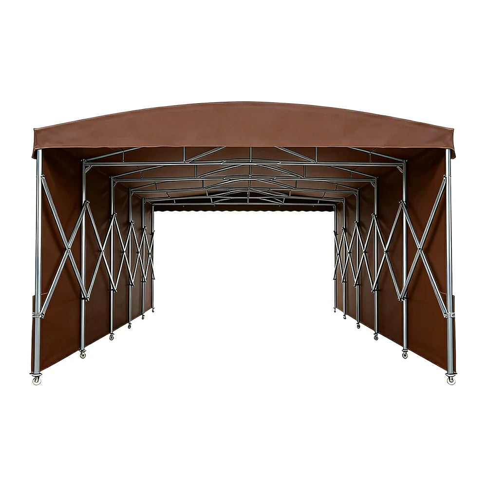 TREKKA Retractable Outdoor Canopy Rain and Sun Shelter Galvanised Steel Frame PVC Fabric Side Panels - Coffee
