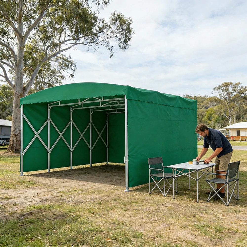 TREKKA Retractable Outdoor Canopy Rain and Sun Shelter Galvanised Steel Frame PVC Fabric 3-Side Panels - Green