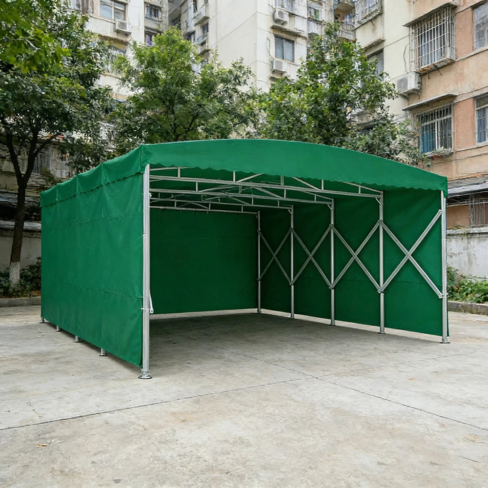 TREKKA Retractable Outdoor Canopy Rain and Sun Shelter Galvanised Steel Frame PVC Fabric 3-Side Panels - Green
