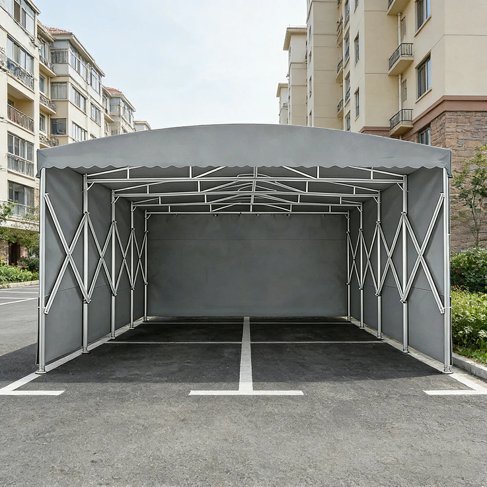 TREKKA Retractable Outdoor Canopy Rain and Sun Shelter Galvanised Steel Frame PVC Fabric 3-Side Panels - Grey