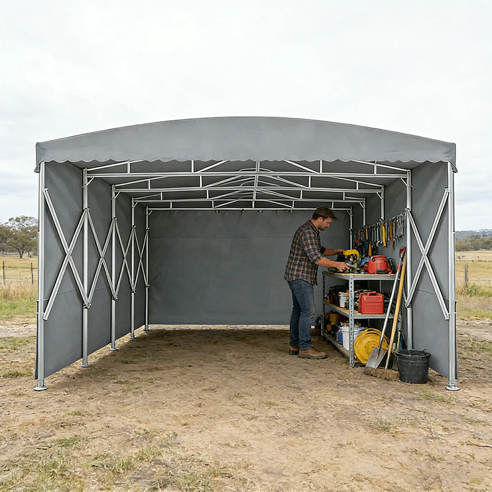 TREKKA Retractable Outdoor Canopy Rain and Sun Shelter Galvanised Steel Frame PVC Fabric 3-Side Panels - Grey