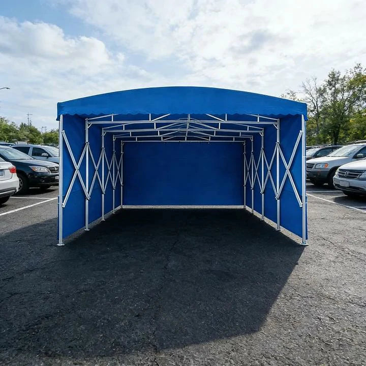 TREKKA Retractable Outdoor Canopy Rain and Sun Shelter Galvanised Steel Frame PVC Fabric 3-Side Panels - Blue