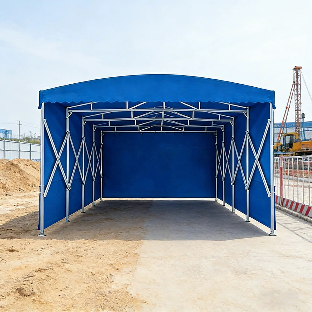 TREKKA Retractable Outdoor Canopy Rain and Sun Shelter Galvanised Steel Frame PVC Fabric 3-Side Panels - Blue