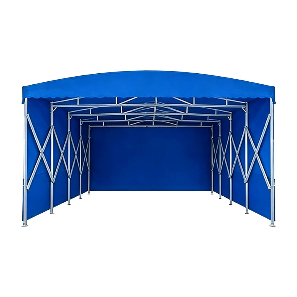 TREKKA Retractable Outdoor Canopy Rain and Sun Shelter Galvanised Steel Frame PVC Fabric 3-Side Panels - Blue