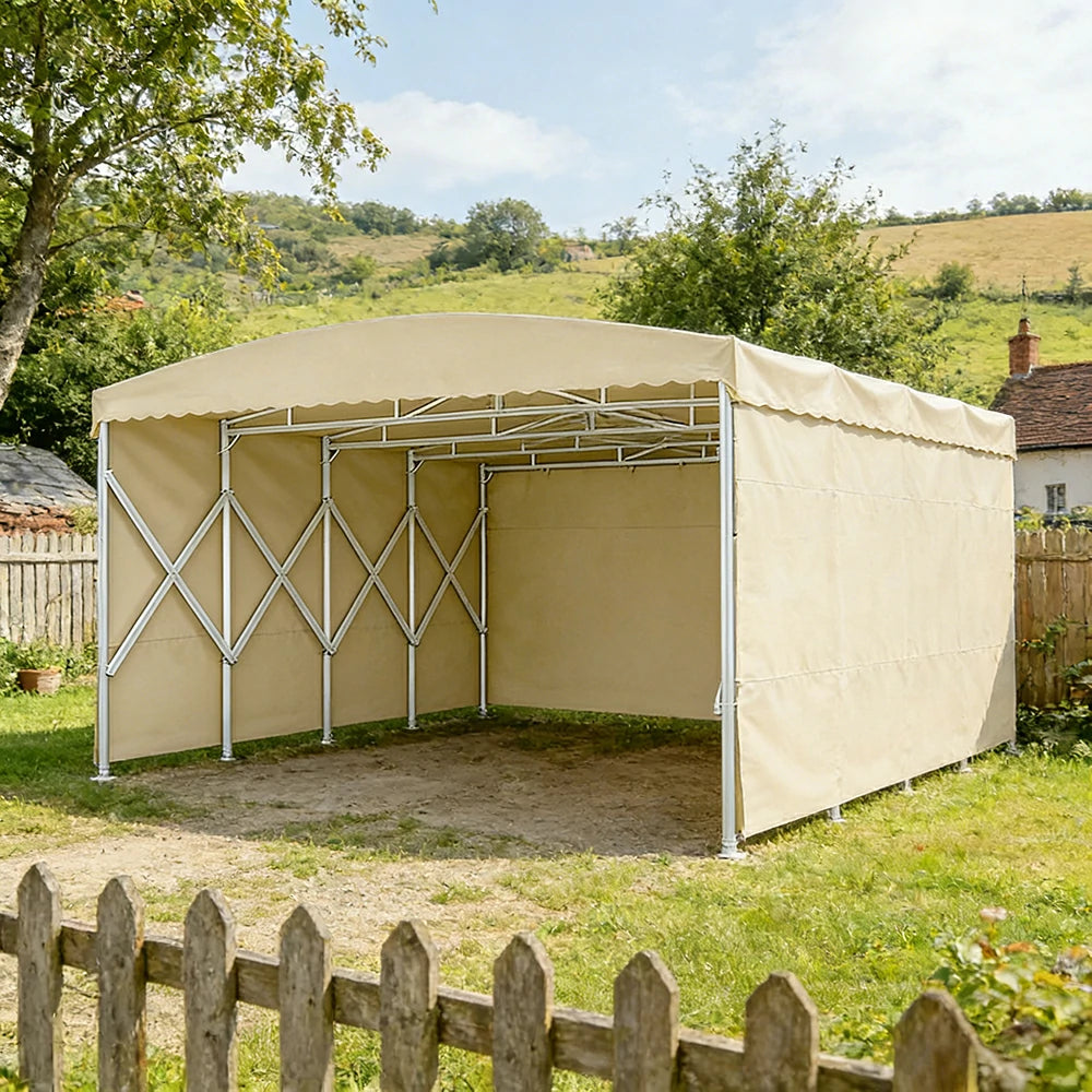TREKKA Retractable Outdoor Canopy Rain and Sun Shelter Galvanised Steel Frame PVC Fabric 3-Side Panels - Khaki