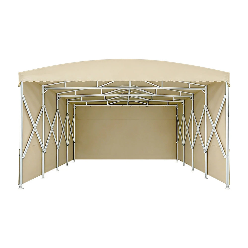 TREKKA Retractable Outdoor Canopy Rain and Sun Shelter Galvanised Steel Frame PVC Fabric 3-Side Panels - Khaki