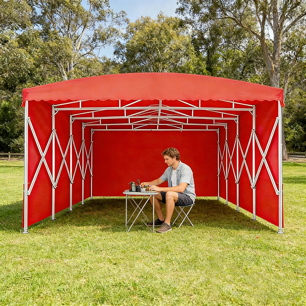 TREKKA Retractable Outdoor Canopy Rain and Sun Shelter Galvanised Steel Frame PVC Fabric 3-Side Panels - Red
