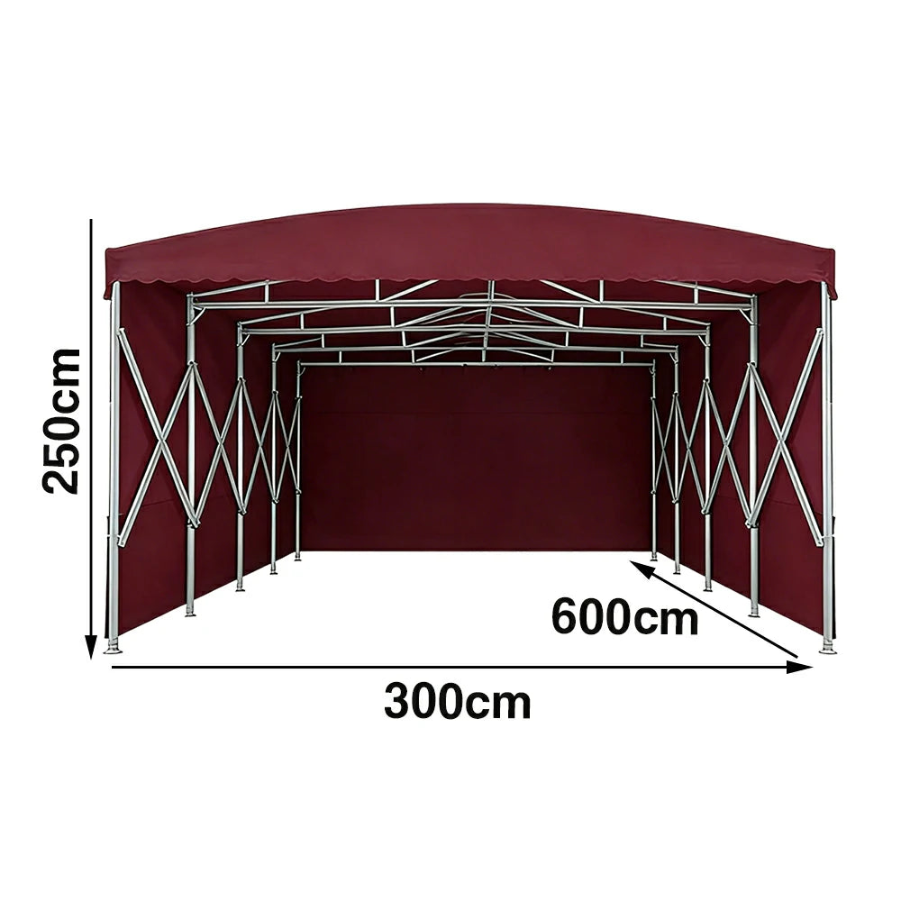 TREKKA Retractable Outdoor Canopy Rain and Sun Shelter Galvanised Steel Frame PVC Fabric 3-Side Panels - Wine Red