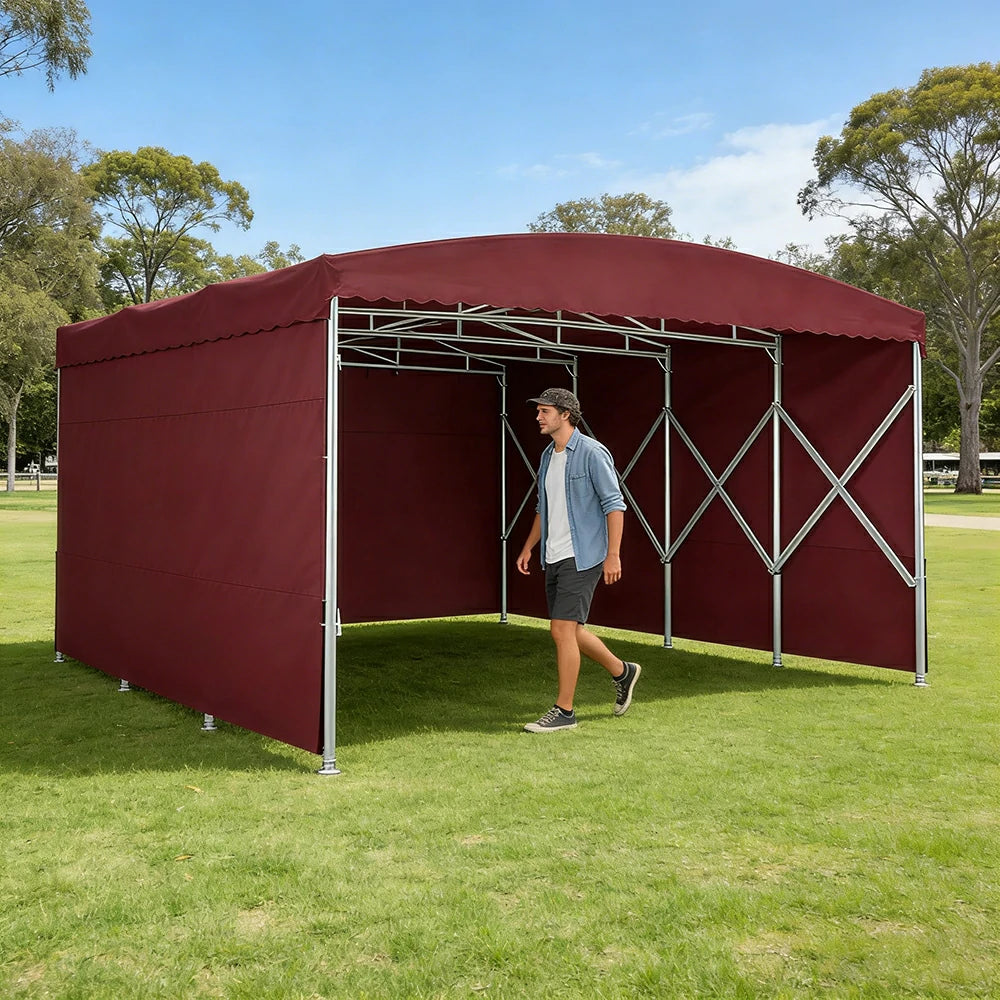 TREKKA Retractable Outdoor Canopy Rain and Sun Shelter Galvanised Steel Frame PVC Fabric 3-Side Panels - Wine Red