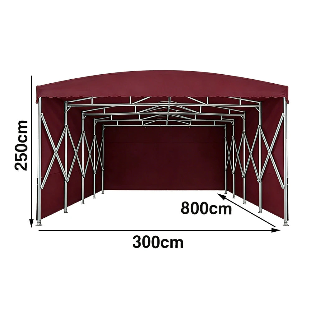 TREKKA Retractable Outdoor Canopy Rain and Sun Shelter Galvanised Steel Frame PVC Fabric 3-Side Panels - Wine Red