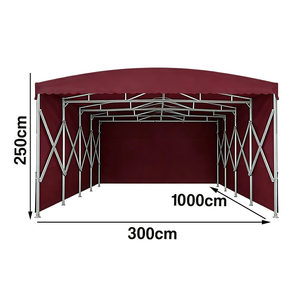 TREKKA Retractable Outdoor Canopy Rain and Sun Shelter Galvanised Steel Frame PVC Fabric 3-Side Panels - Wine Red