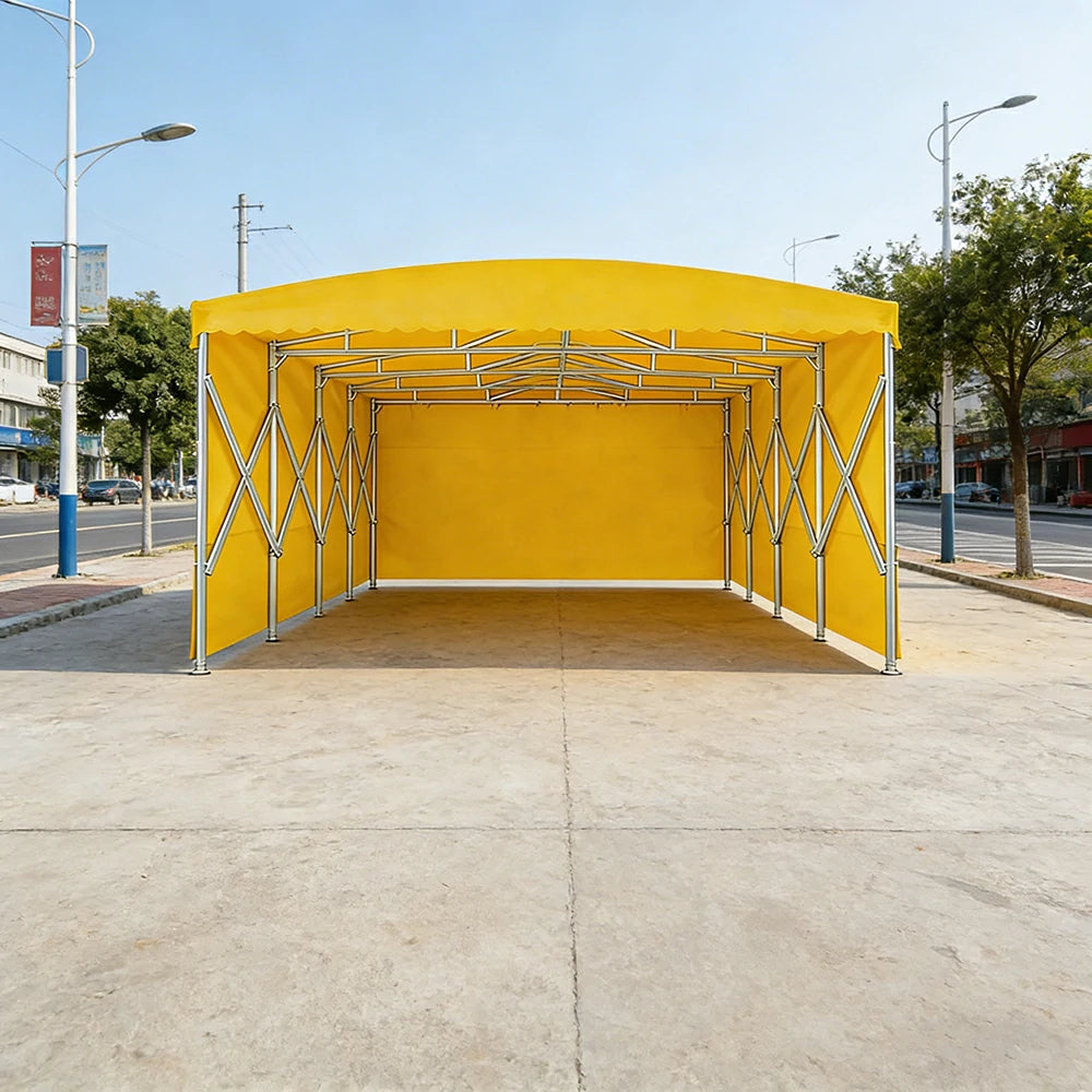 TREKKA Retractable Outdoor Canopy Rain and Sun Shelter Galvanised Steel Frame PVC Fabric 3-Side Panels - Yellow