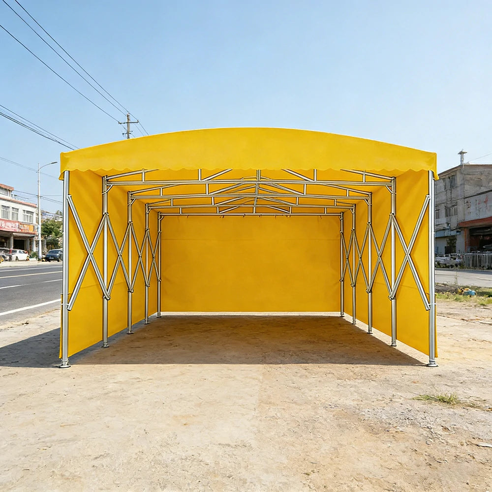 TREKKA Retractable Outdoor Canopy Rain and Sun Shelter Galvanised Steel Frame PVC Fabric 3-Side Panels - Yellow