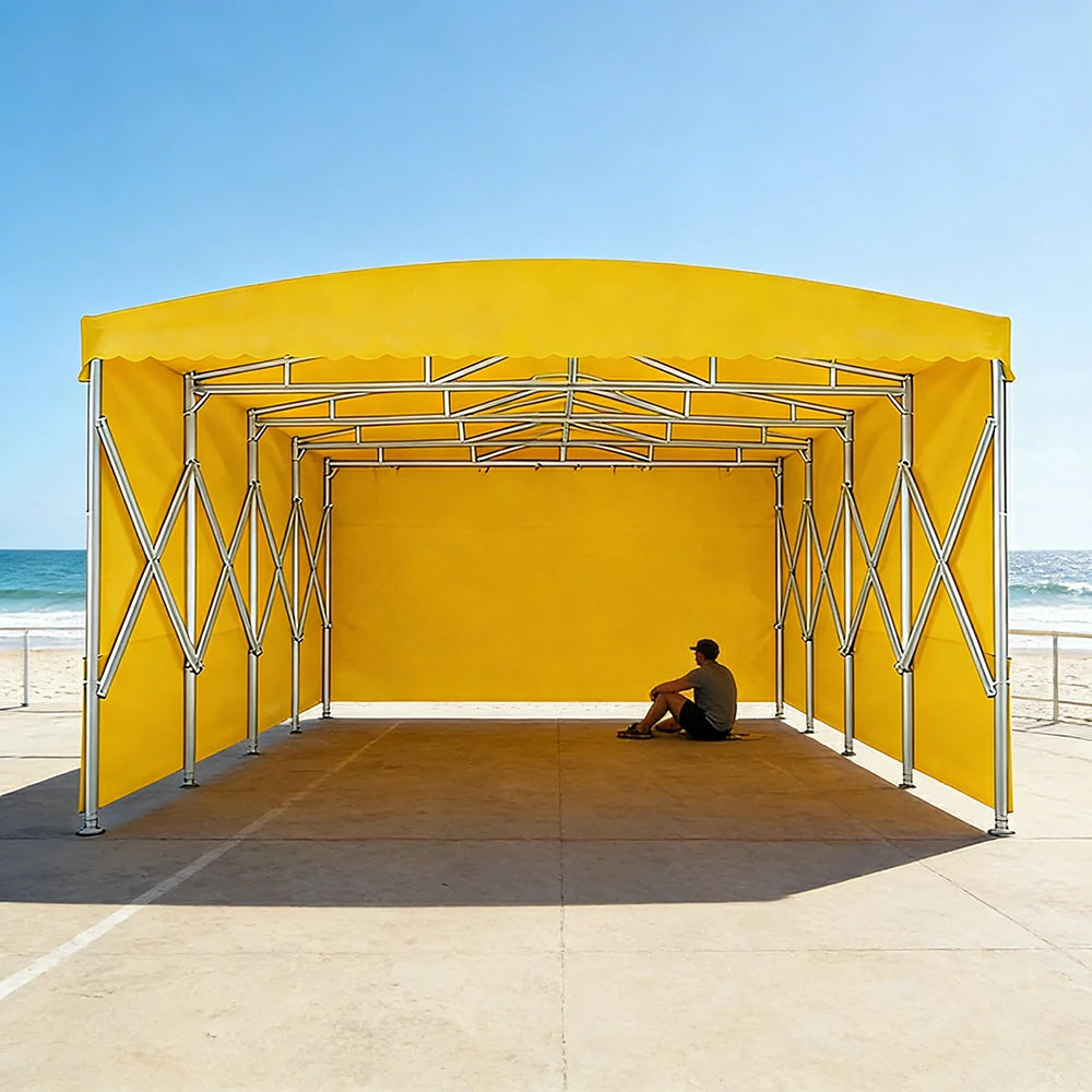 TREKKA Retractable Outdoor Canopy Rain and Sun Shelter Galvanised Steel Frame PVC Fabric 3-Side Panels - Yellow