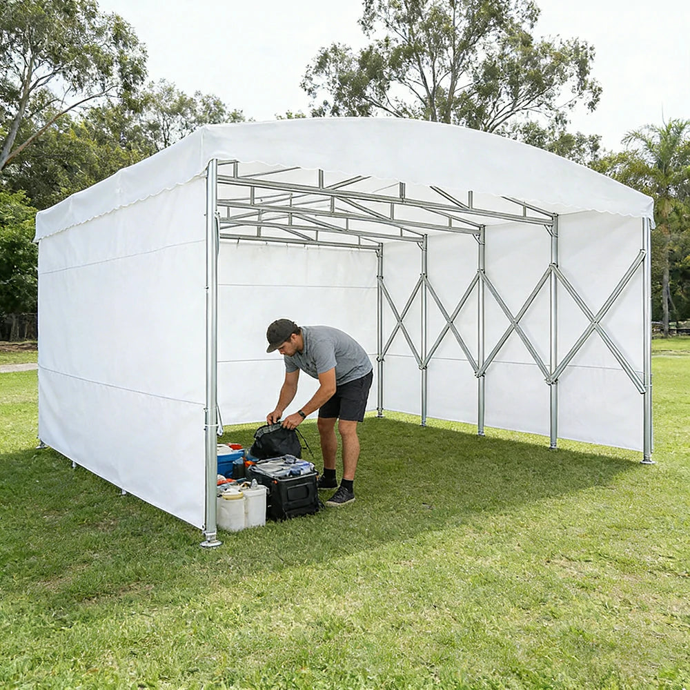 TREKKA Retractable Outdoor Canopy Rain and Sun Shelter Galvanised Steel Frame PVC Fabric 3-Side Panels - White