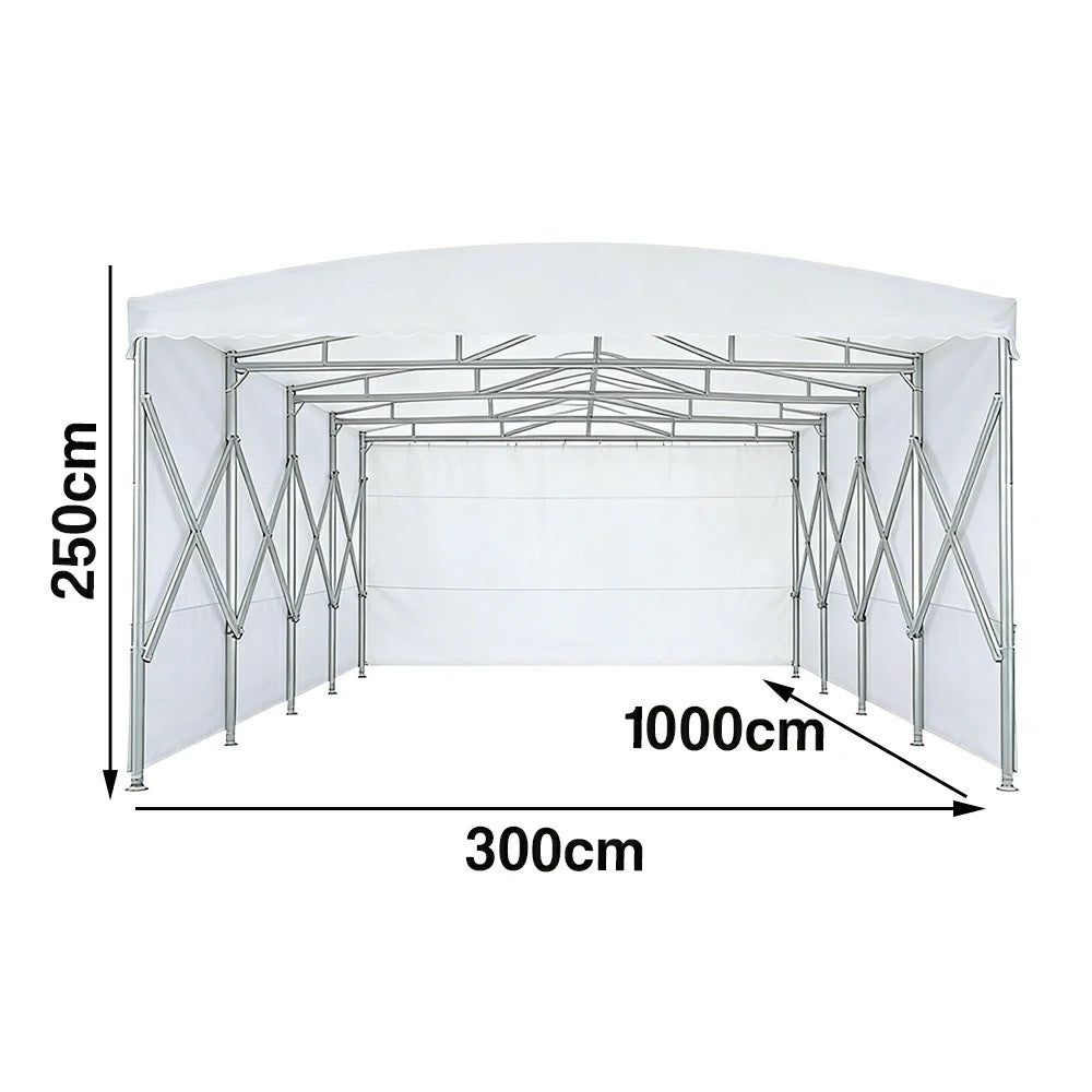 TREKKA Retractable Outdoor Canopy Rain and Sun Shelter Galvanised Steel Frame PVC Fabric 3-Side Panels - White