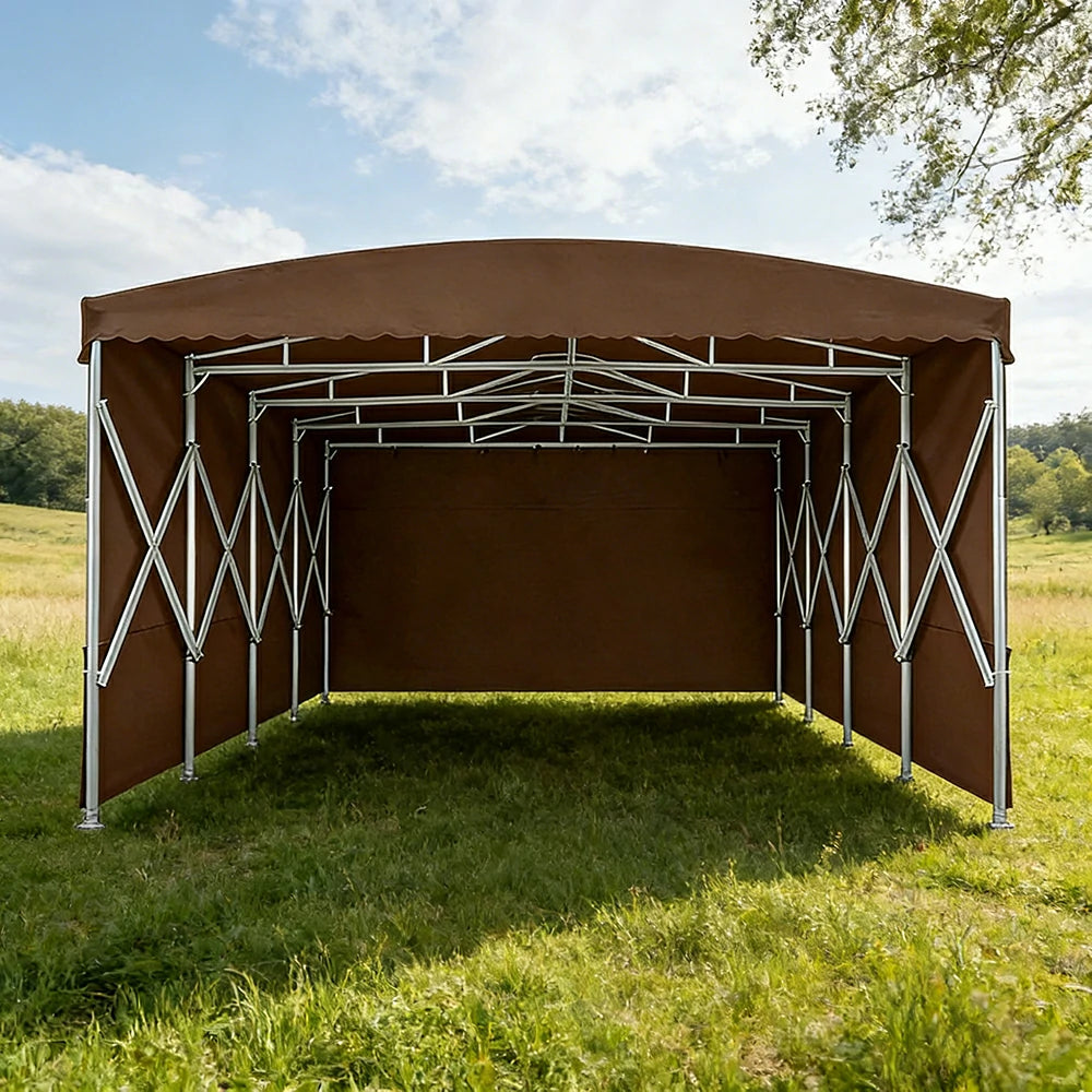 TREKKA Retractable Outdoor Canopy Rain and Sun Shelter Galvanised Steel Frame PVC Fabric 3-Side Panels - Coffee