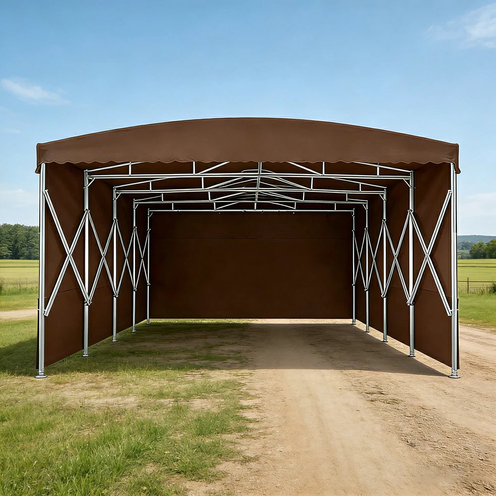 TREKKA Retractable Outdoor Canopy Rain and Sun Shelter Galvanised Steel Frame PVC Fabric 3-Side Panels - Coffee