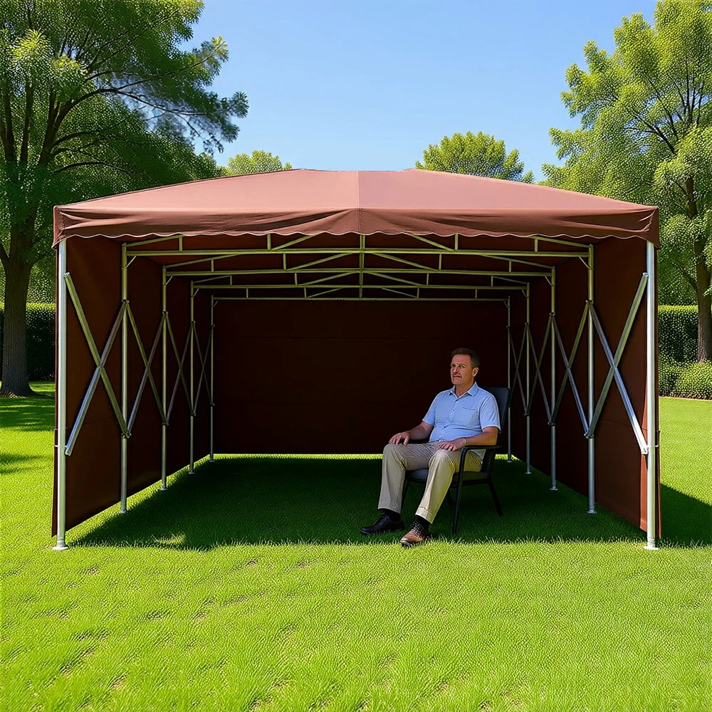 TREKKA Retractable Outdoor Canopy Rain and Sun Shelter Galvanised Steel Frame PVC Fabric 3-Side Panels - Coffee