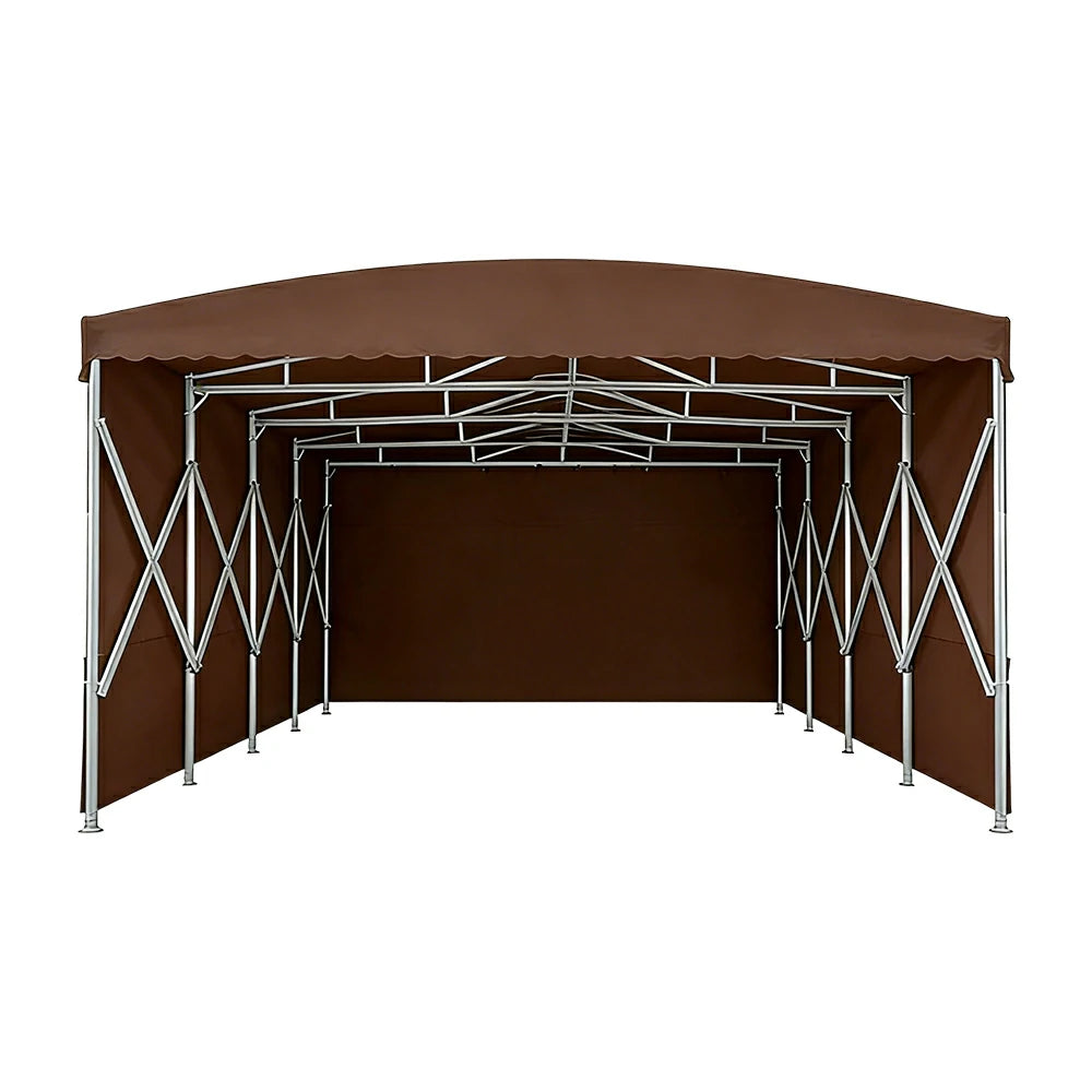 TREKKA Retractable Outdoor Canopy Rain and Sun Shelter Galvanised Steel Frame PVC Fabric 3-Side Panels - Coffee