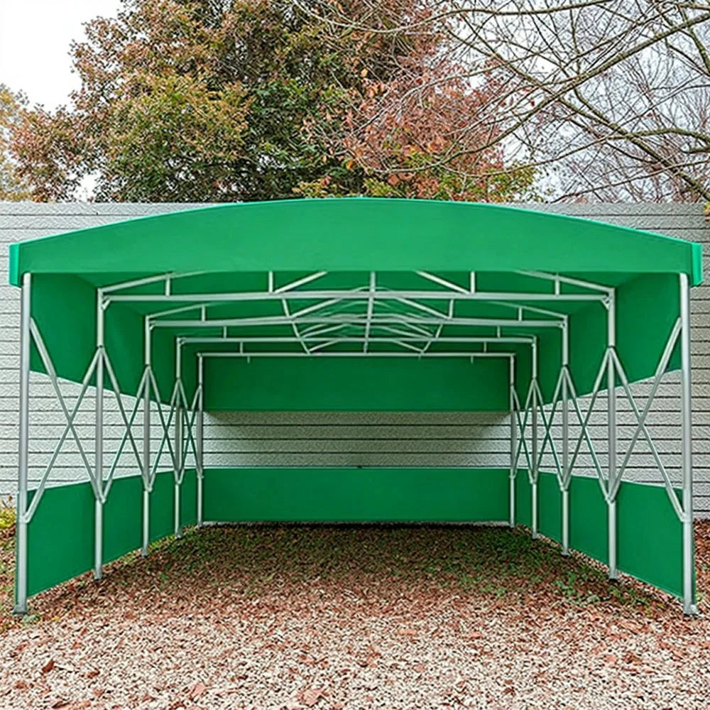 TREKKA Retractable Outdoor Canopy Rain and Sun Shelter Galvanised Steel Frame PVC Fabric 3-Side Panels Split Door - Green
